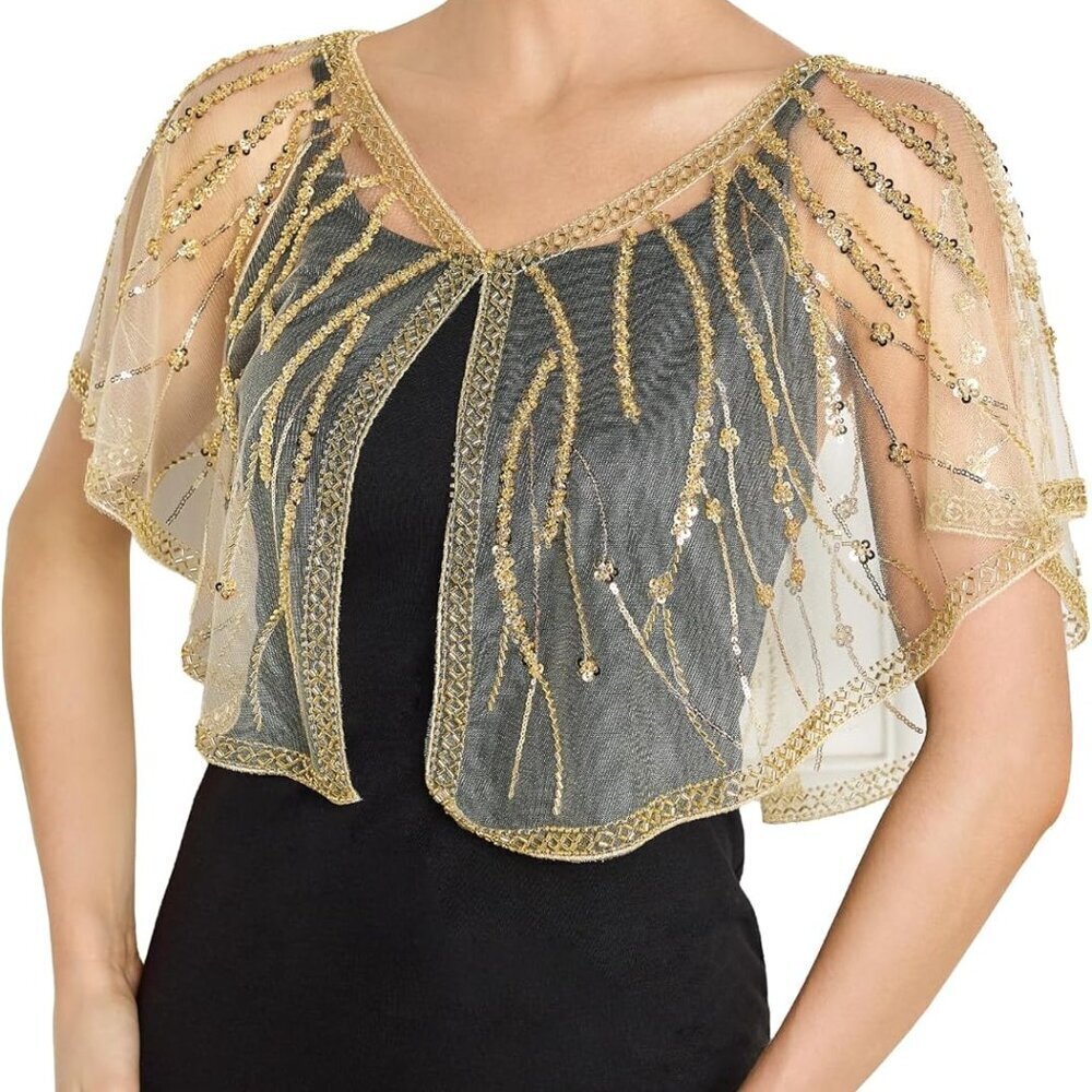 Women's Sequin Flapper Shawl Wrap 1920s Mesh Evening Cape for Gatsby Harlem